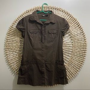 Brown and white polkadot button down